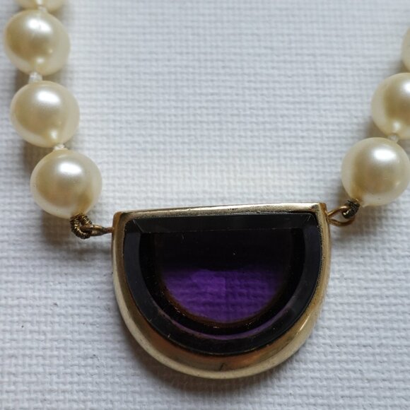 Vintage Faux Pearl Necklace with Purple Stone Accent - Picture 3 of 7
